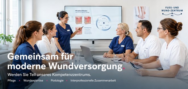 Team in Berufskleidung verfolgt eine Schulung zur Wundklassifikation an einem grossen Bildschirm (Symbolbild)