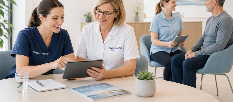 Wundexpertin und Pflegefachfrau besprechen an einem Tablet einen Behandlungsplan, im Hintergrund berät eine Podologin einen Patienten (Symbolbild)